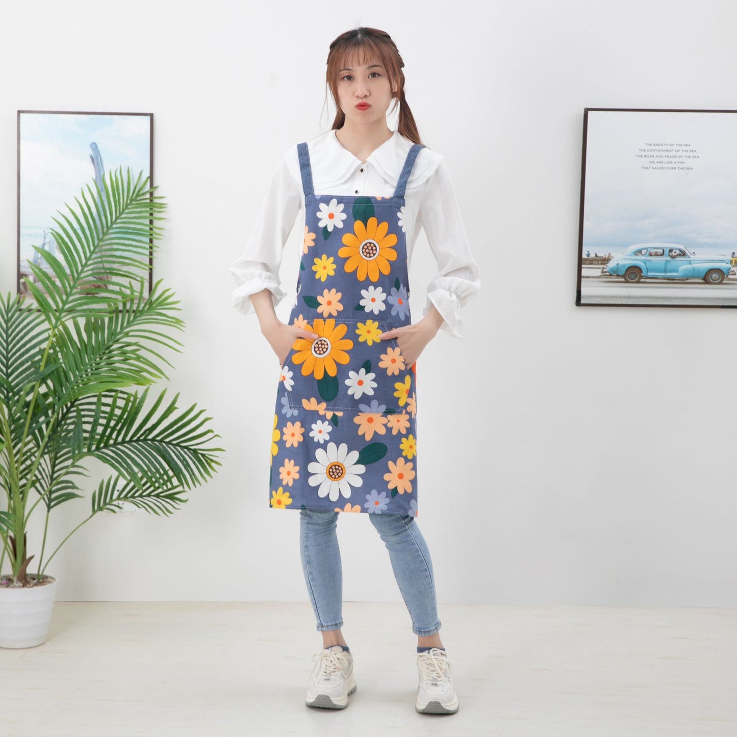 Cotton canvas uniform size apron Modern simple sunflower stain resistant kitchen apron household cleaning